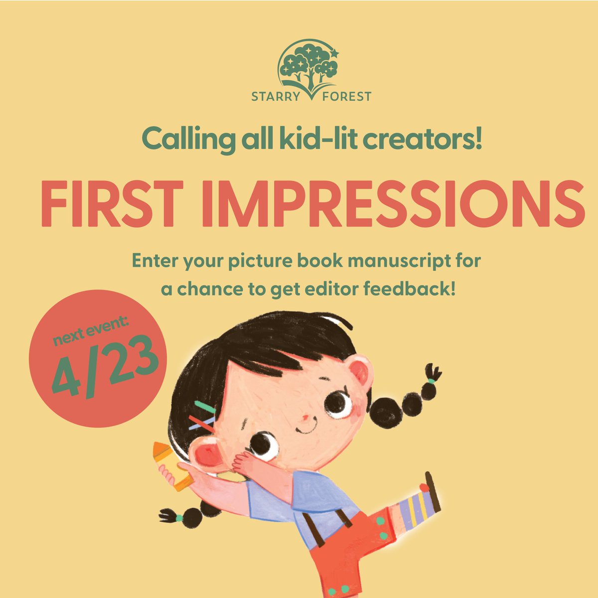 We had so much fun last time, we're doing it again! Join us for First Impressions, a chance to submit and get live feedback on your picture book manuscript and learn about children's book publishing! RSVP here: starryforestbooks.com/events