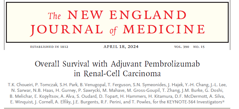 1/ The long-awaited OS results from #KEYNOTE-564 are out @NEJM! The 1st phase 3 trial to demonstrate a survival benefit for adjuvant treatment in #RCC.

nejm.org/doi/full/10.10…