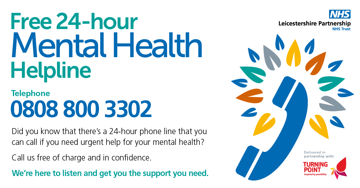 If you or someone you care about need urgent mental health advice or support, you can call this free phone number: 0808 800 3302 They will listen, give practical help or, if needed, get the support you need urgently. For other urgent support info visit: leicspart.nhs.uk/contact/urgent…