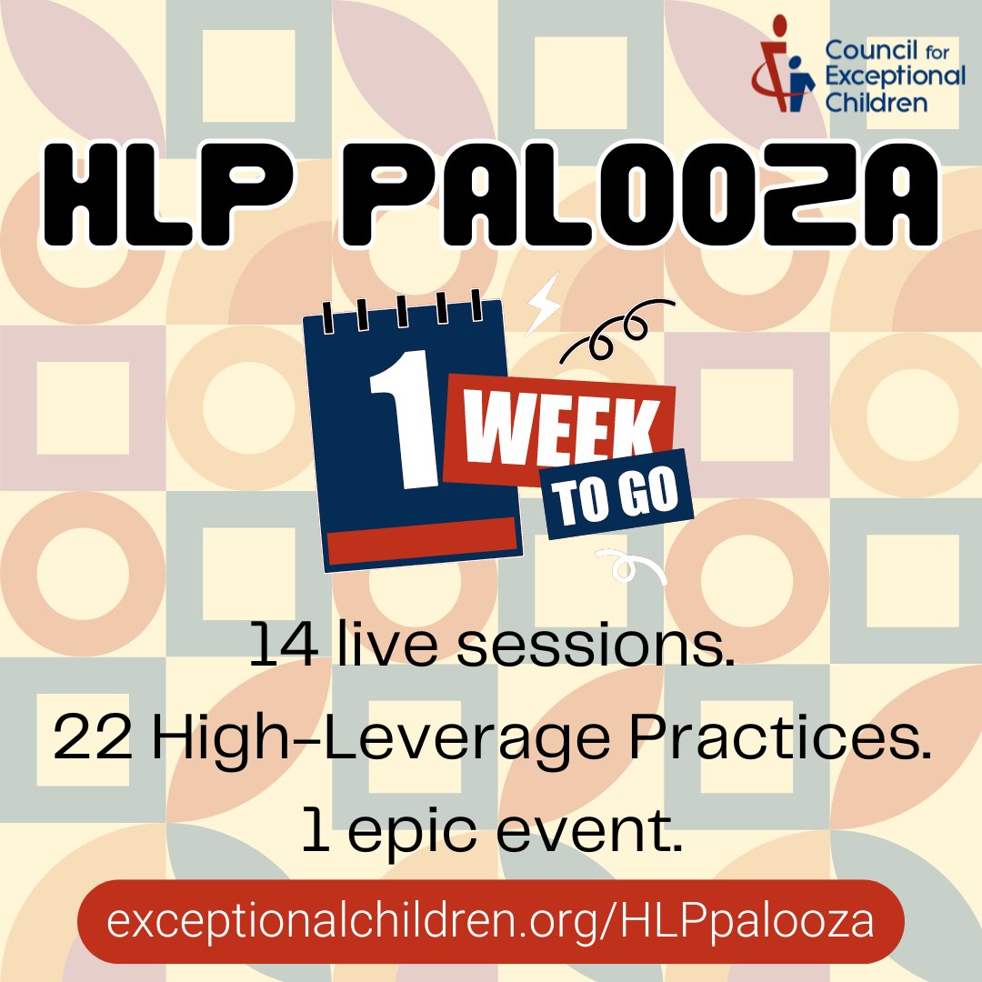 We are one week away from HLP Palooza! Join us on April 24 to get the latest on the revised and updated edition of 'High Leverage Practices for Students with Disabilities.' Learn more and register today: exceptionalchildren.org/HLPpalooza