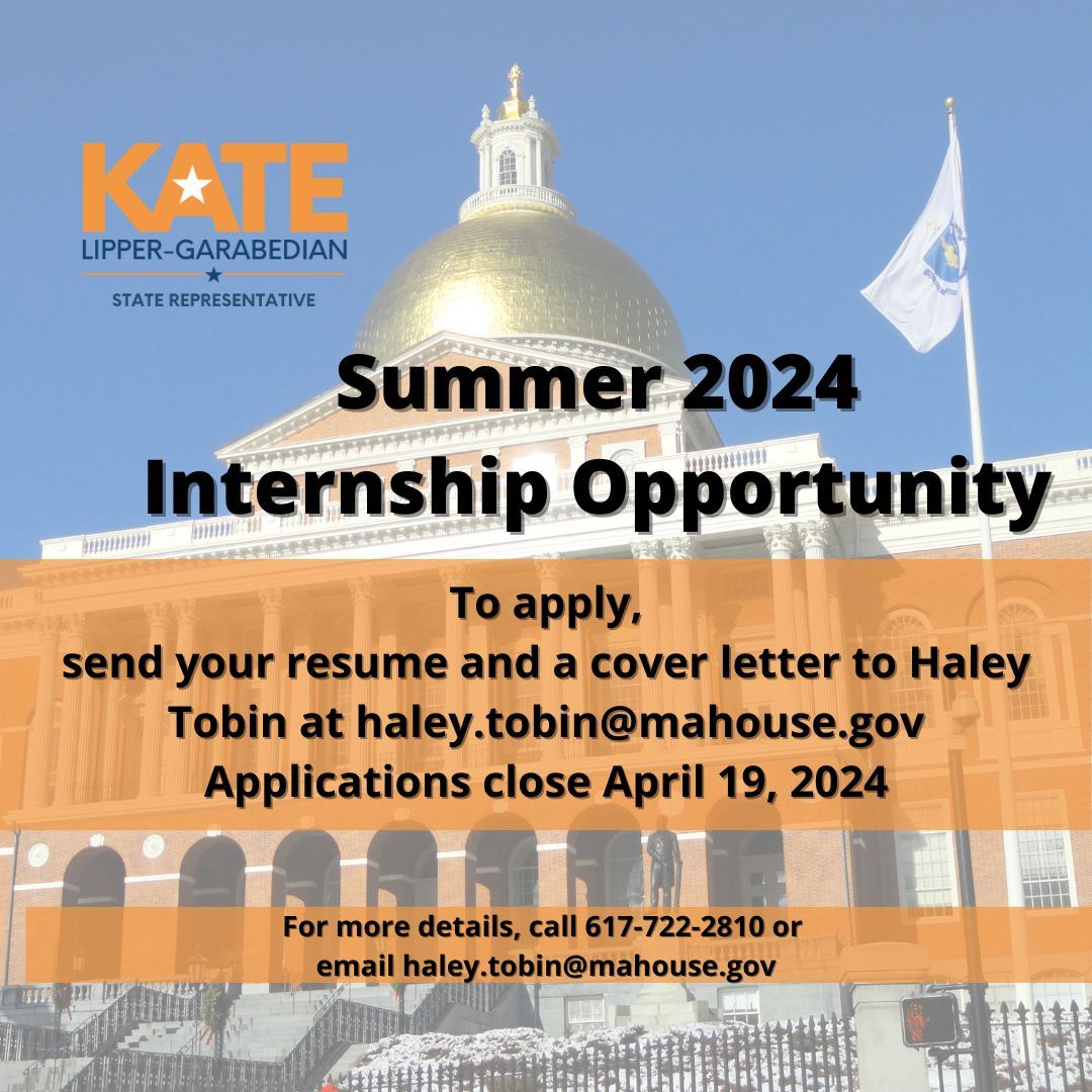 *REMINDER* Apply to work in my office as a legislative intern in Summer 2024. To apply, send a cover letter and resume to haley.tobin@mahouse.gov by EOD, this Friday, 4/19! Potential applicants can email Haley for support.