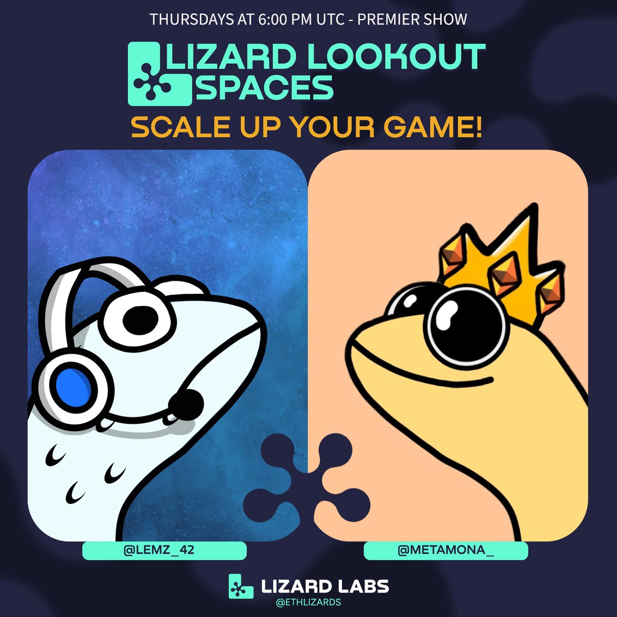 Let's get Lizardy 🦎 The debut of our Lizard Lookout Spaces is tomorrow at 6pm UTC! Hear the panel discuss the latest industry news and then deep dive into our main topic - Play-to-Airdrop vs Play-to-Earn ⚔️ Set your reminders below 👇