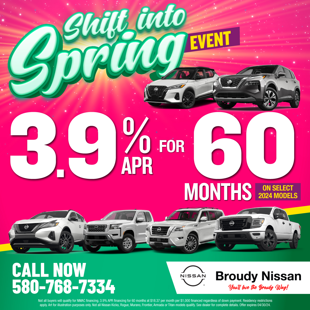 Upgrade your ride this spring🌸 Take advantage of our Shift Into Spring Event at Broudy Nissan and get deals like 3.9% APR for 60 months on select 2024 models🚘

Don't settle for less, visit Broudy Nissan✅ (link in bio)

#BroudyNissan #NissanUSA #NewVehicles #2024Nissans