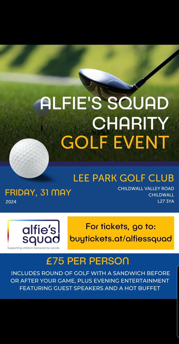 @AlfiesSquad Charity Day event at Lee Park, Friday 31st May. Members £50, non members £75. Golf, food & great entertainment, all for a good cause. Full details below, tickets available at: tickettailor.com/events/alfiess…
#Golf #Liverpool #charityday