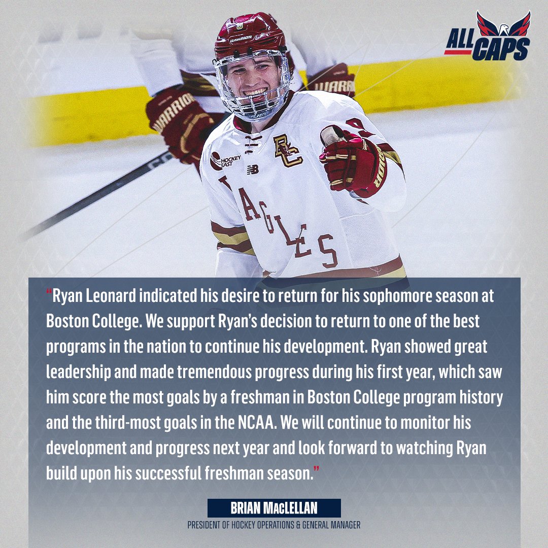 President of hockey operations & general manager Brian MacLellan today issued the following statement regarding Capitals prospect Ryan Leonard’s decision to return to Boston College for his sophomore season. #ALLCAPS
