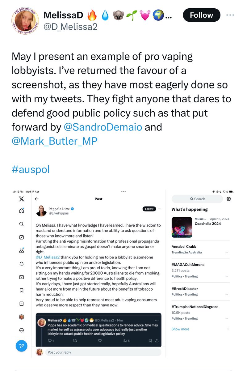 May I present an example of an anti vaping lobbyist. I’ve returned the favour of a screenshot, as they most eagerly done so with @LivePippas tweets. They fight anyone that dares to challenge BAD public policy such as that put forward by @SandroDemaio and @Mark_Butler_MP