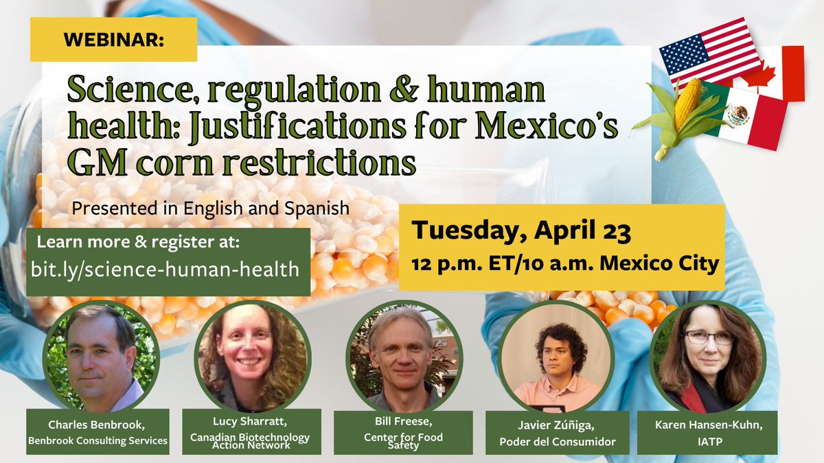 Join us next week for the first in our series of webinars examining the ongoing trade dispute over Mexico’s restrictions on GM corn for human consumption. 📅Tuesday, April 23 at 12 p.m. EDT/10 a.m. Mexico City ➡️Learn more & register: iatp.org/event/science-…