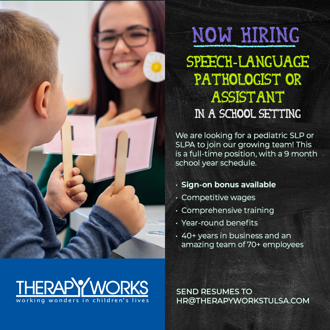 We are looking for a SLP or SLPA to join our growing team!

#tulsajobs #therapyworks #nowhiring #SLPA #SLP #schooltherapist