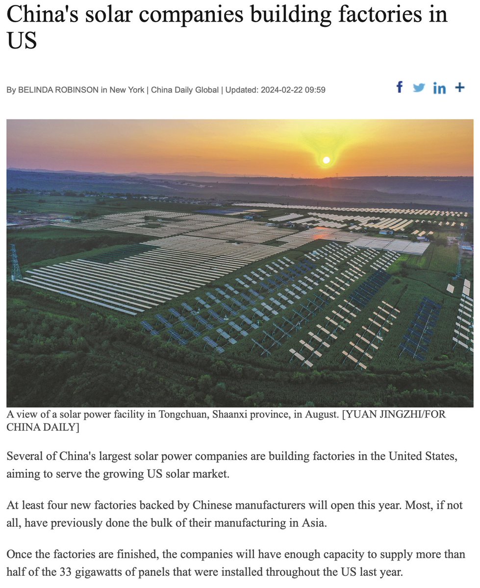 'China can only make batteries and solar panels because of cheap labor!' That's why.. *checks notes* ...Chinese companies are rushing to the U.S. to build solar and battery factories.