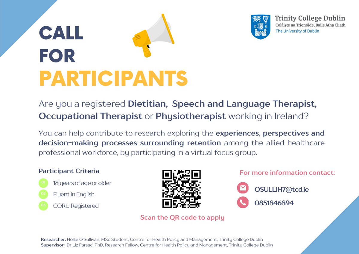 Nutrition & Dietetics (@dieteticstcd) on Twitter photo Hollie O'Sullivan, a researcher in Trinity College, is looking for dietitians, SLTs, OTs, and PTs to take part in a focus group on retention in the workforce.
Such a timely piece of research, so please register your interest via the QR code below!
<a href="/Dietetics_TUH/">Department of Nutrition and Dietetics-TUH</a> <a href="/BeaumontDiet/">Beaumont Dietitians</a> Hollie O'Sullivan, a researcher in Trinity College, is looking for dietitians, SLTs, OTs, and PTs to take part in a focus group on retention in the workforce.
Such a timely piece of research, so please register your interest via the QR code below!
<a href="/Dietetics_TUH/">Department of Nutrition and Dietetics-TUH</a> <a href="/BeaumontDiet/">Beaumont Dietitians</a>
