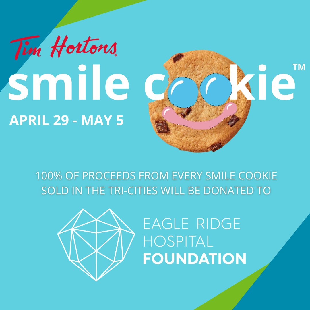 Tim Horton's Smile Cookie is almost here! 🎉 

From April 29 - May 5, all 9 Timmy's locations in the Tri-Cities will donate 100% of proceeds from every Smile Cookie sold to Eagle Ridge Hospital Foundation! 🍪💚 

#everysmilematters #smilecookie2024
@timhortons