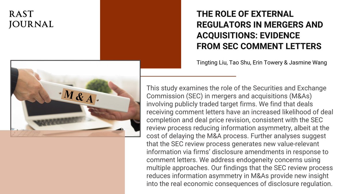 T. Liu (@IvyIowaState), T. Shu (@CUHKofficial), E. Towery (@TerryCollege) & J. Wang (@UVAMcIntire) reveal how the SEC shapes M&A outcomes and information transparency dynamics. Download the paper to learn more 👉: bit.ly/4cnxWjF