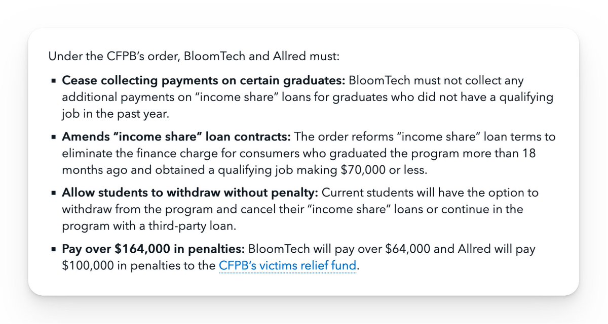 FINALLY! The CFPB has permanently banned the coding bootcamp Lambda School/BloomTech from consumer-lending activities & their CEO, Allred, from any student-lending activities for 10 years Current students can withdraw and cancel their income share loans consumerfinance.gov/about-us/newsr…