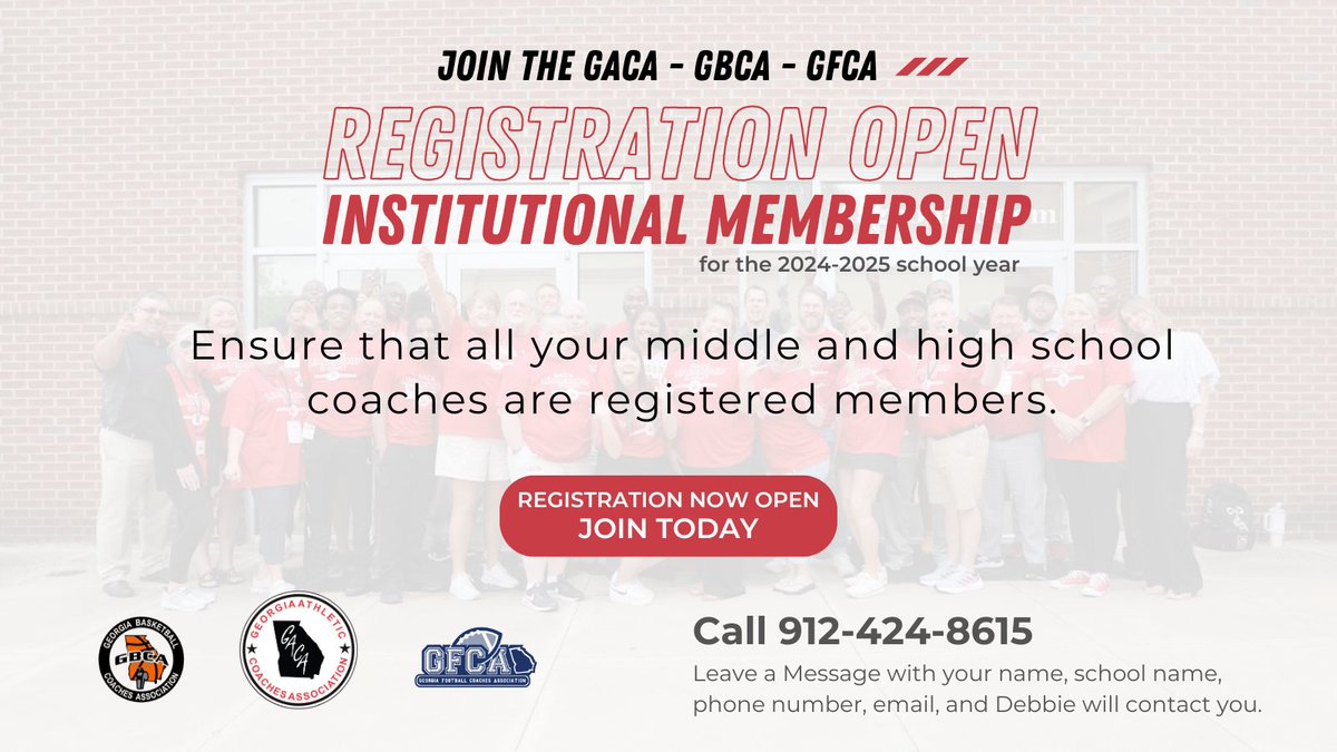 📣 Early Institutional Membership for 2024-2025 is NOW OPEN! 🏫This is a great way to get all your coaches involved before the school year begins and attend the Leadership Summit for FREE on July 21-22, 2024! ☎️Call Debbie today at 912-424-8615 to join or renew your membership!