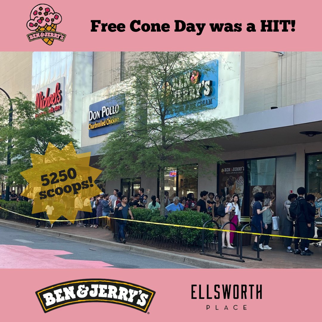 EllsworthPlace's tweet photo. Thanks for coming out to Ellsworth Place for @benandjerrys Free Cone Day! We served over 5,000 scoops yesterday! #ellsworthplace #freeconeday #benandjerrys #downtownsilverspring #gbtrealty #putalittlemoresweetinyourlife https://t.co/Wmh0r1psBH