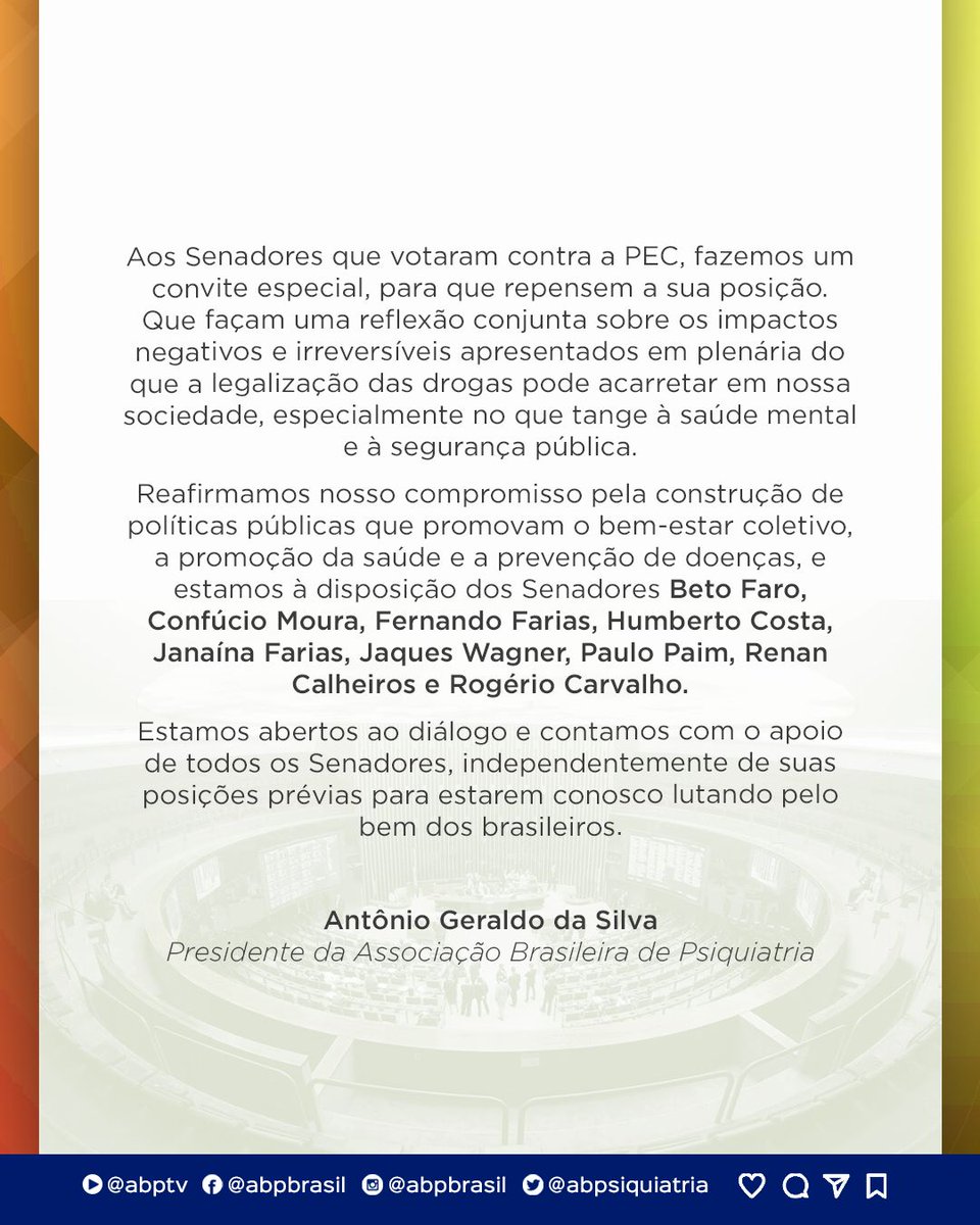 VITÓRIA!✅

👉🏻 SENADO APROVA PEC 45/2023, de autoria do senador e presidente do Senado, Rodrigo Pacheco (PSD-MG), que prevê a criminalização da posse ou porte de qualquer quantidade de droga ou entorpecente.

#abp #psiquiatria #psiquiatra