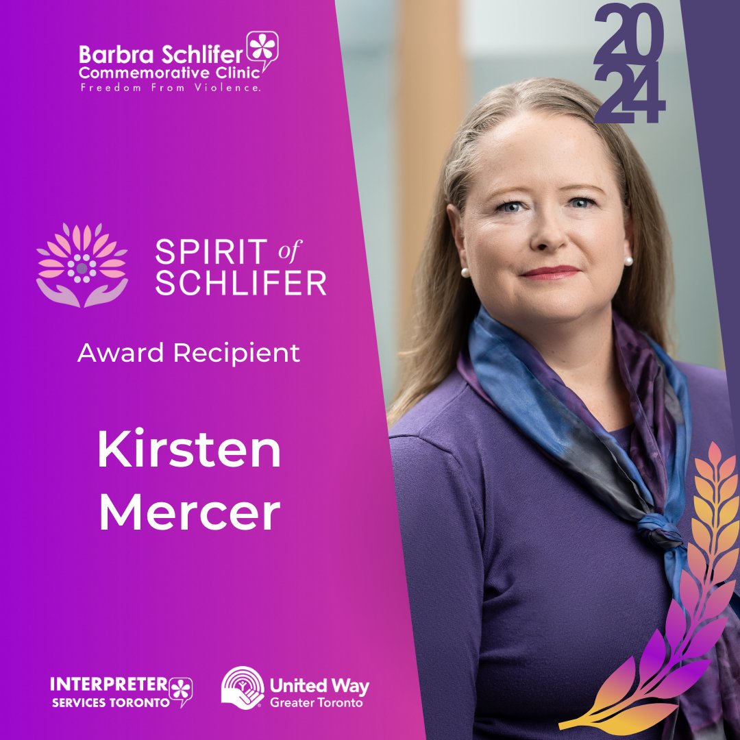 We are thrilled to announce that @kirstenmercer will be honoured with the 2024 Spirit of Barbra Schlifer Award. Visit spirit.schliferclinic.com. to learn more about Kirsten and the Spirit of Schlifer Campaign. #SpiritofSchlifer #Togetherfor200k' #EndGBV