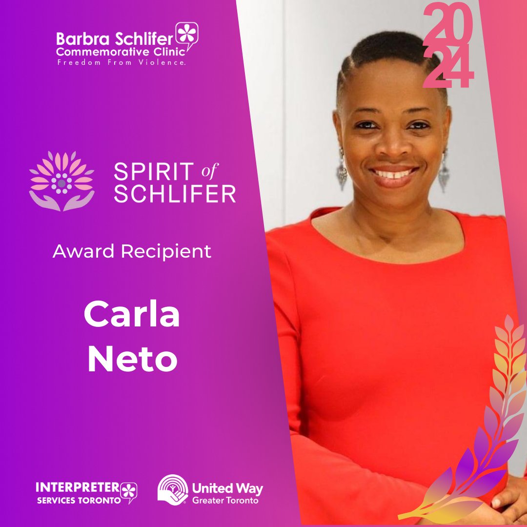 We are thrilled to announce that Carla Neto will be honoured with the 2024 Spirit of Barbra Schlifer Award. Visit spirit.schliferclinic.com. to learn more about Carla and the Spirit of Schlifer Campaign. #SpiritofSchlifer #Togetherfor200k' #EndGBV