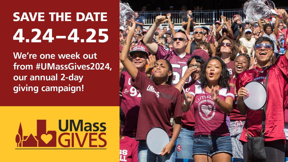 📆 Save the date! We’re one week out from #UMassGives 2024, @UMassAmherst’s annual 2-day giving campaign. When you participate in UMassGives, your gift becomes part of something bigger.  Learn more: brnw.ch/21wIVbJ