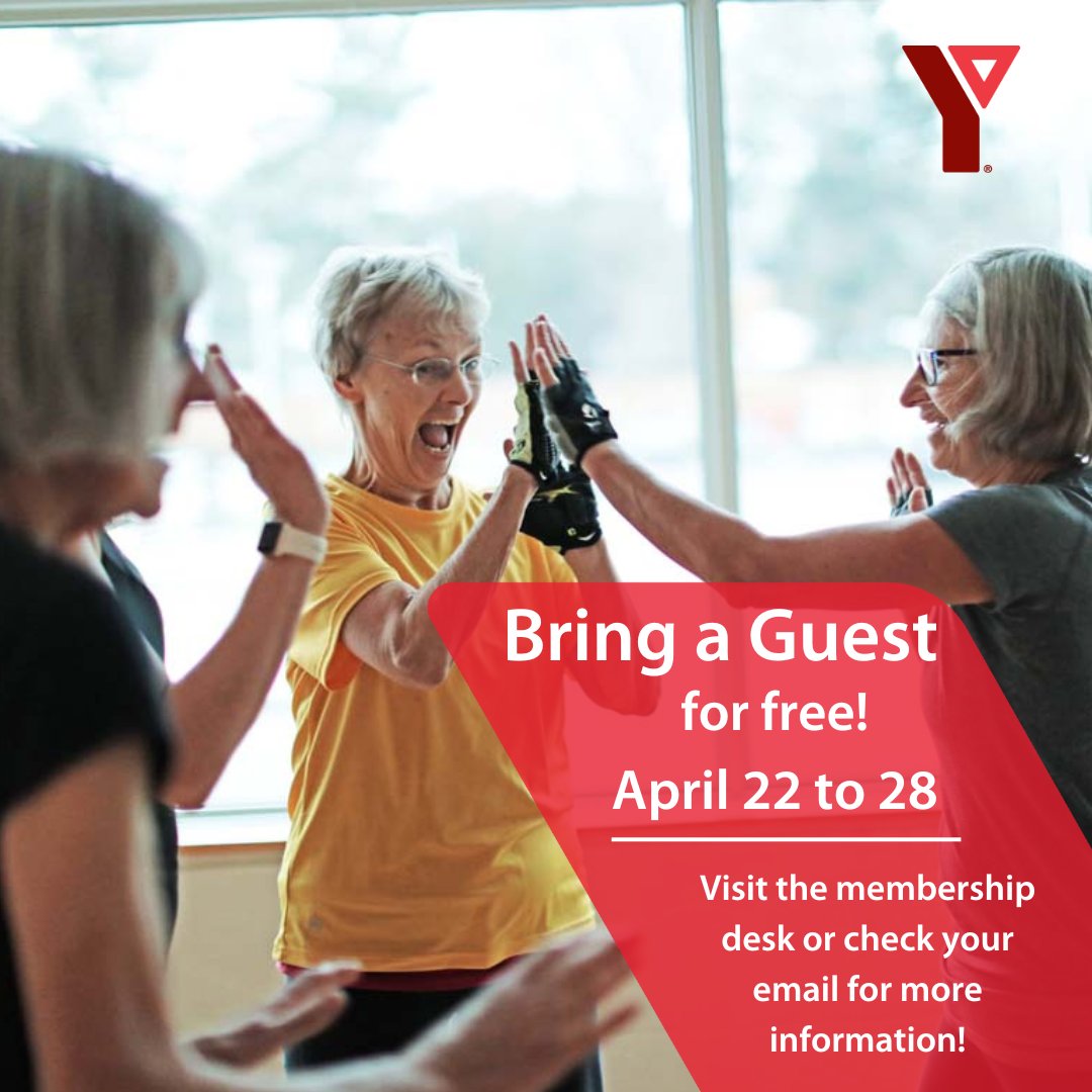 Exciting news! During the week of April 22 to 28, bring a guest to the Y! Y members can bring a guest for free each time they come to the Y next week. #YMCA #YSWO #BringaFriend #BringaGuest