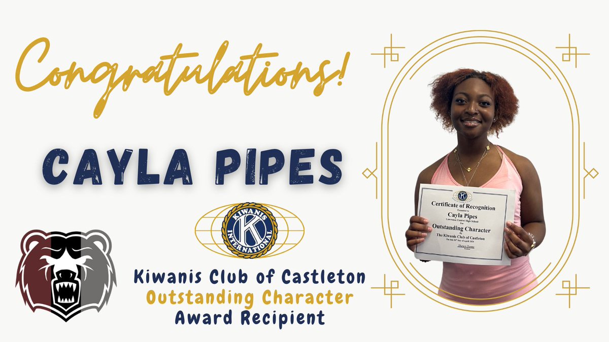 Congratulations to sophomores Evan Connors and Cayla Pipes on being named Character Counts Award winners by the Kiwanis Club of Castleton! These students exemplify integrity, positivity, persistence, and a caring character! @LCHSBears @ltgoodnews