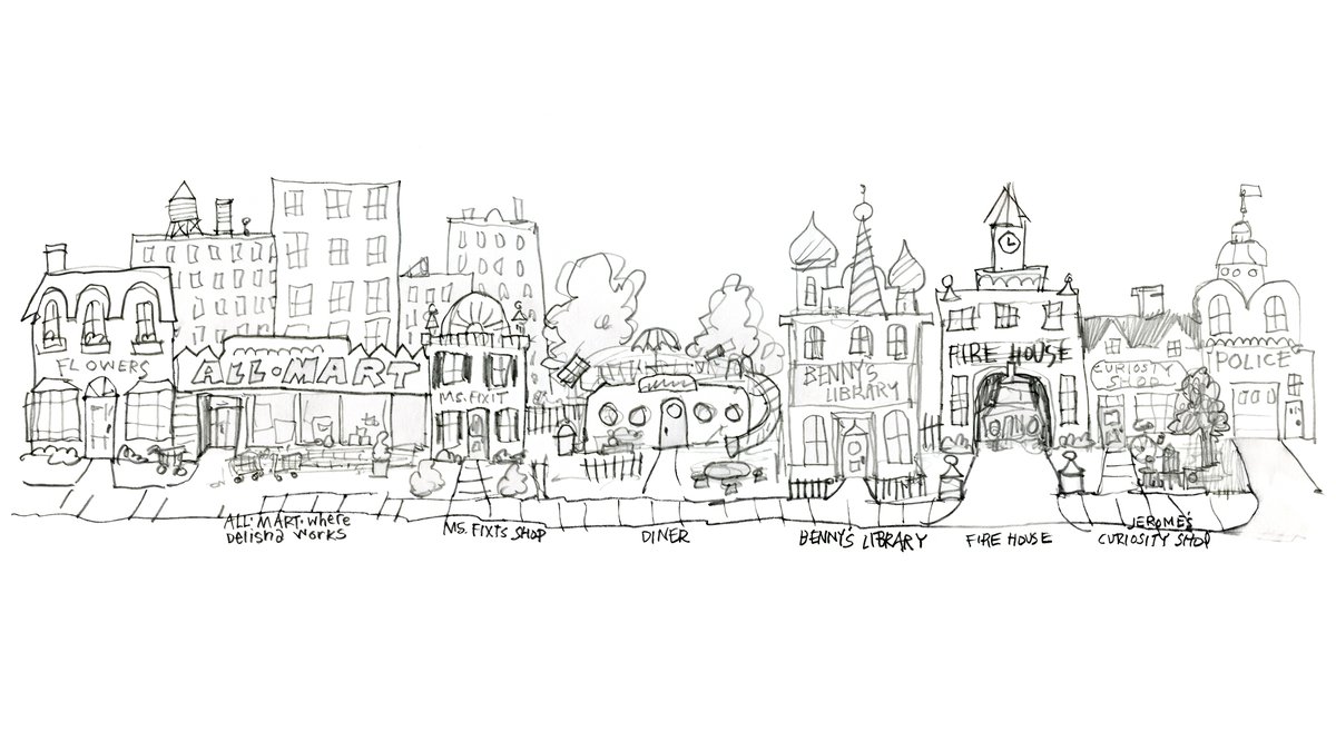 TolonBrown's tweet photo. HOP Fact: although we haven't mentioned it in the show the main street is 'Pineapple St.' Here's an early sketch. Many shops changed locations since this version. And the 'All•Mart' is now Delisha's 'This-n-That.' #HOP #StreamOnMax #HOPdeepcuts https://t.co/gidYzoYRBf