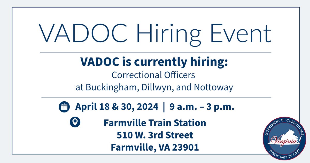 Join the VADOC at our next hiring event at the Farmville Train Station! It's set for TOMORROW (Thursday, April 18) from 9 am. - 3 pm. If you can't make it, you'll have another chance on April 30! More info ⬇️ See what to expect, bring, and wear here: ow.ly/Htol50RiuEb