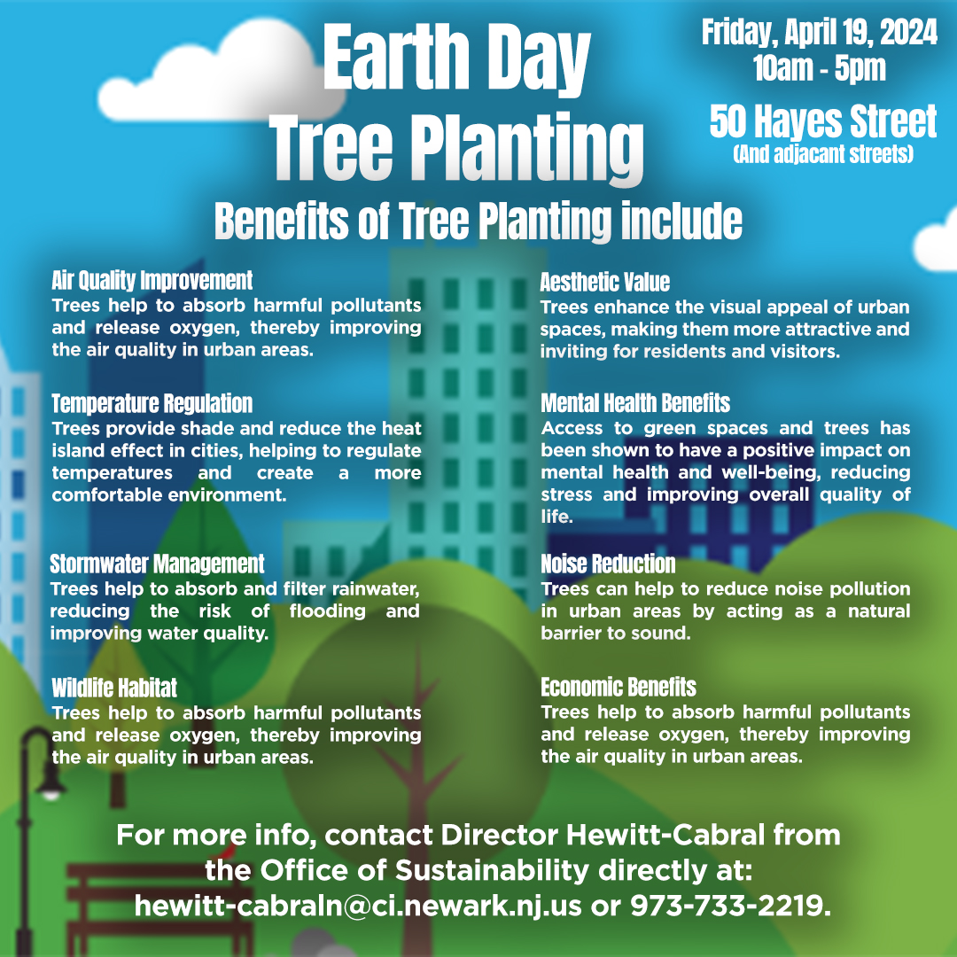 In honor of Earth Day, we invite you to participate in a fun and impactful challenge of planting trees! We will be at the Springfield branch of the Newark Public Library, located at 50 Hayes St, and adjacent streets on Friday, April 19 from 10am-5pm!