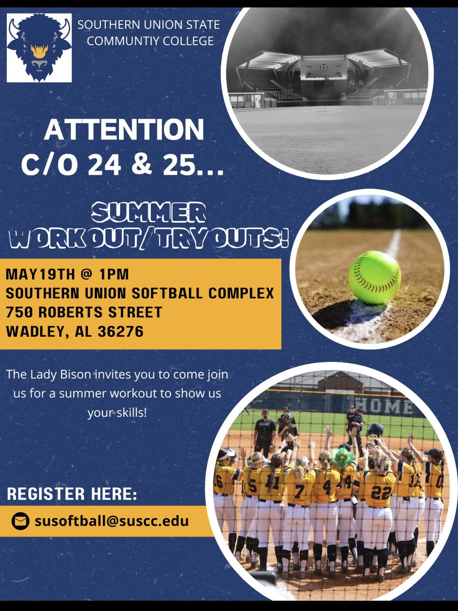 If you are a 24 or 25 grad and looking for an opportunity to play college softball 🥎come out: May 19, 2024 1:00 at the SU Softball Complex in Wadley. *You can preregister at SUsoftball@suscc.edu * we also have openings for Walkons and Managers.