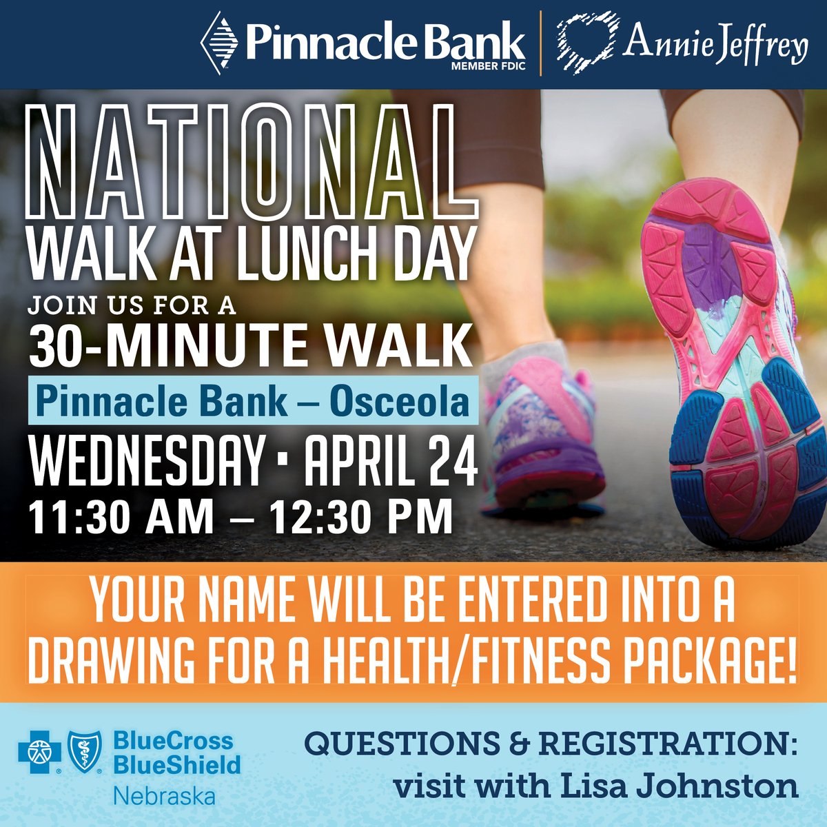 👟 Join us on National Walk at Lunch Day at our branch in Osceola, April 24, 11:30-12:30 for a 30-min walk. It's your chance not only to boost your wellness but also to win a great health/fitness package! Let's stride towards better health together! #WalkAtLunch #PinnacleBank