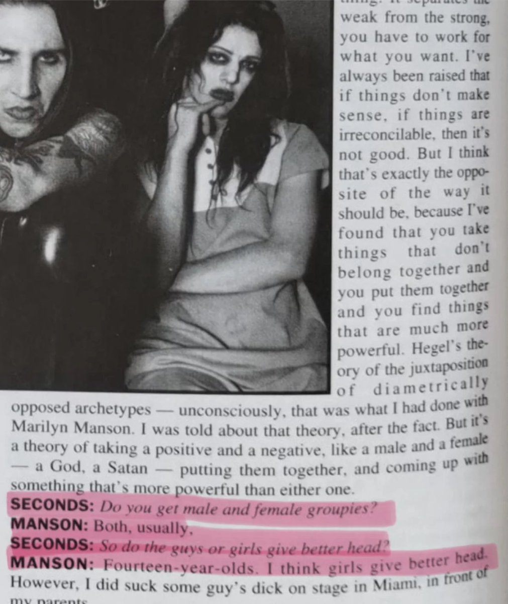 Marilyn Manson did an interview with the Rock culture magazine SECONDS, when he was 25, in which he discussed having sex with 14 year old girls. This article was recently shared on Reddit, h/t Open_Window3003. reddit.com/r/IStandWithHe…