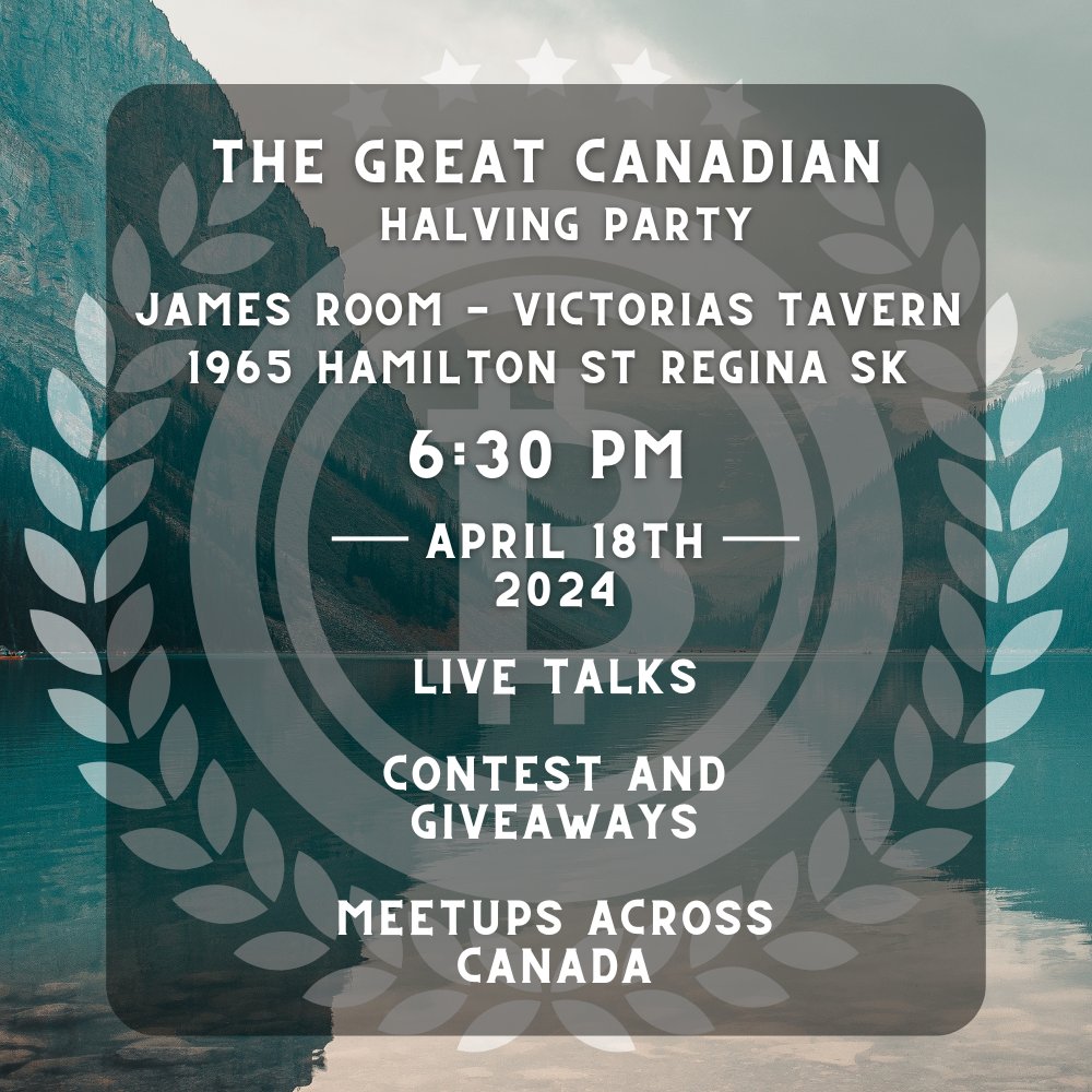 🌟 Calling all Bitcoin enthusiasts! 🌟 Tomorrow's the big day! Join us at the Regina Bitcoin Meetup for our special Halving Party, happening at Victoria's Tavern in the James Room. 🎉 @ReginaBTCMeetup 🗓️ Date: April 18th ⏰ Time: 6:30 PM This isn't just any meetup—it's a…