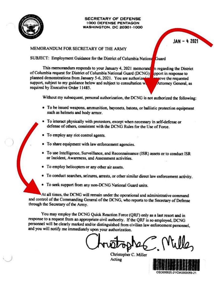 #DeadlineWH @NicolleDWallace Letter from Trump 'Acting Secretary of Defense' Chris Miller dated Jan 4, 2021, two days before #CapitolInsurrection, warns DC National Guard to take no action, use no equipment, or personal to protect Capitol. #NationalGuard was handcuffed by Trump