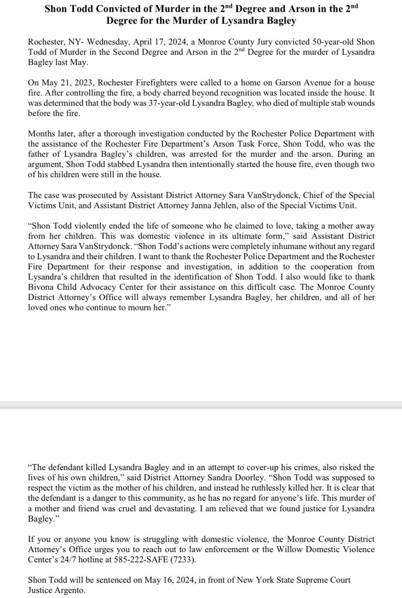 A jury convicted Shon Todd of Murder2nd & Arson2nd for stabbing Lysandra Bagley to death before setting a fire at her home on Garson Ave, risking the lives of their children. Thanks @RochesterNYPD, @RFDPIO1, @BivonaCAC & ADAs VanStrydonk & Jehlen for your dedication to Lysandra!