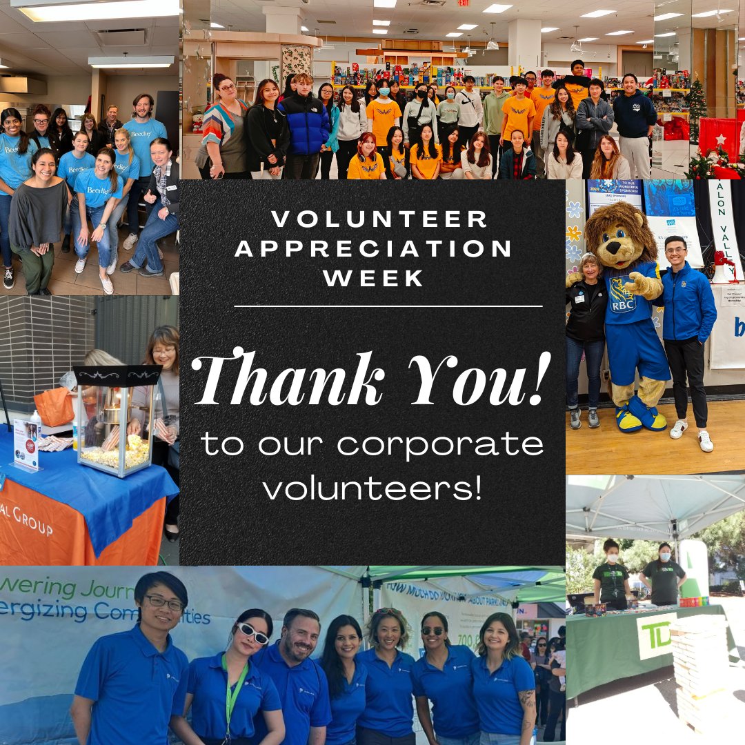 🥳Volunteer Appreciation Week!

A big thank you to all our corporate partners who give back to our community by volunteering at our programs and events throughout the year🙌!

 @BeedieBuilt @ParklandCorporation @Vancity @BCRCMPnews @GulfandFraser @RBC @TDCanada @DeerLakeLawGroup