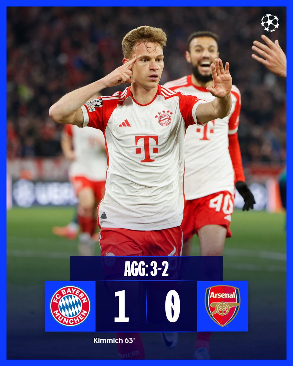 Arsenal are knocked out of the Champions League by Bayern Munich, thanks to Kimmich. Wameenda home haraka!!!! 🤣🤣🤣. There is no hope for them in the premier league either. #BAYARS #UCL