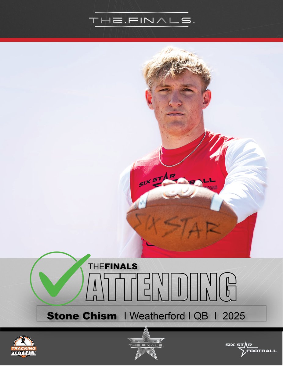 TheFINALS ATTENDING  |  Stone Chism

★★★★★★
⭐️Excited to announce 2025 Stone Chism will be attending TheFINALS in Kansas City!

⭐️Was a standout performer at the TheFINALS last spring!

📆 May 25
📍 Ray-Pec (MO) HS

#TheFINALS I @chismstone

sixstarfootball.com/six-star-footb…