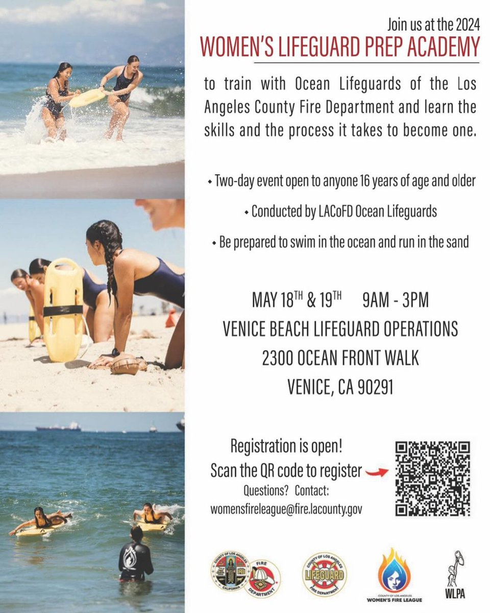 Open to everyone 16 years of age and older, sign-up now to join the #LACoFD, #WFL & @LACoLifeguards at the 3rd Annual Women’s Lifeguard Prep Academy (WLPA)! The 2024 WLPA will be held on 5/18 & 5/19 at Venice Beach Lifeguard Operations. 🔗 bit.ly/441J9ma