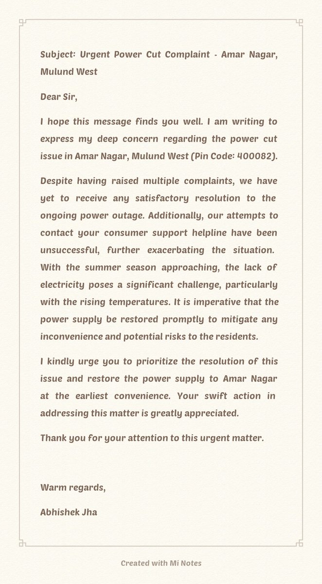 Power Cut Issue in Amar Nagar, Mulund West (400082) Deeply concerned about ongoing power cuts despite multiple complaints. No resolution received yet. @MSEDCL @mybmcWardT @mihirkotecha @MulundMumbai