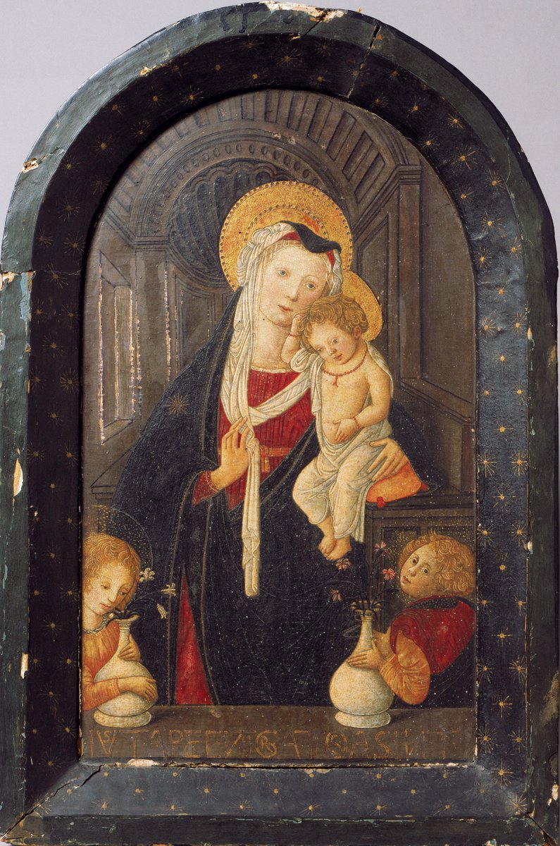 Madonna z Dzieciątkiem 1450r. 46x27cm Piero di Lorenzo Autor porzucił tematy alegoryczne, by powrócić do tematów religijnych pod wpływem Savonaroli , kaznodziei, który wywarł ogromny wpływ we Florencji w latach dziewięćdziesiątych XIV w. również na Botticellego. Filadelfia