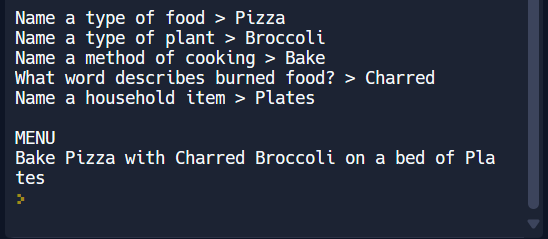 DYung26's tweet photo. With the powers of concatenation I made a whacky recipe maker 🥓🍝🥑 ! Day 3 of #Replit100DaysOfCode #100DaysOfCode. Join me on @Replit https://t.co/3jsijcPETl https://t.co/8VpWhBtrr3