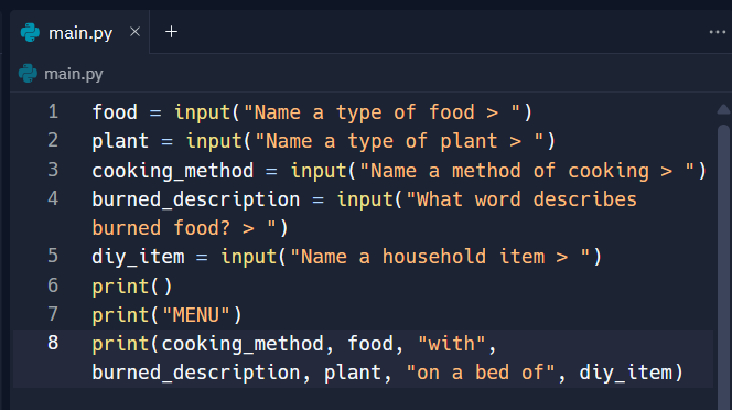 DYung26's tweet photo. With the powers of concatenation I made a whacky recipe maker 🥓🍝🥑 ! Day 3 of #Replit100DaysOfCode #100DaysOfCode. Join me on @Replit https://t.co/3jsijcPETl https://t.co/8VpWhBtrr3