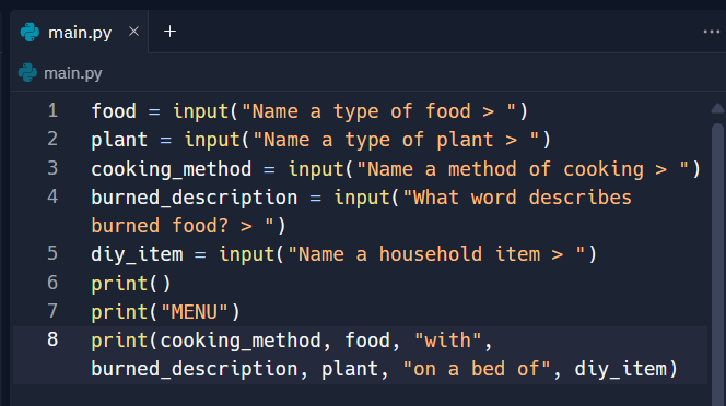 With the powers of concatenation I made a whacky recipe maker 🥓🍝🥑 ! Day 3 of #Replit100DaysOfCode #100DaysOfCode. Join me on @Replit join.replit.com/python