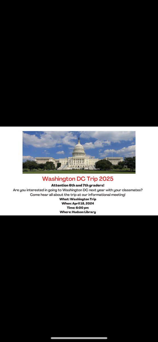 Current 6th and 7th grade Parents: Join this info meeting if you are interested in learning about next year’s Washington DC trip! Washington DC Information Meeting April 18 @ 6:00 pm in the Hudson Library. For more information, email Mrs. Smith Lnsmith@garlandisd.net