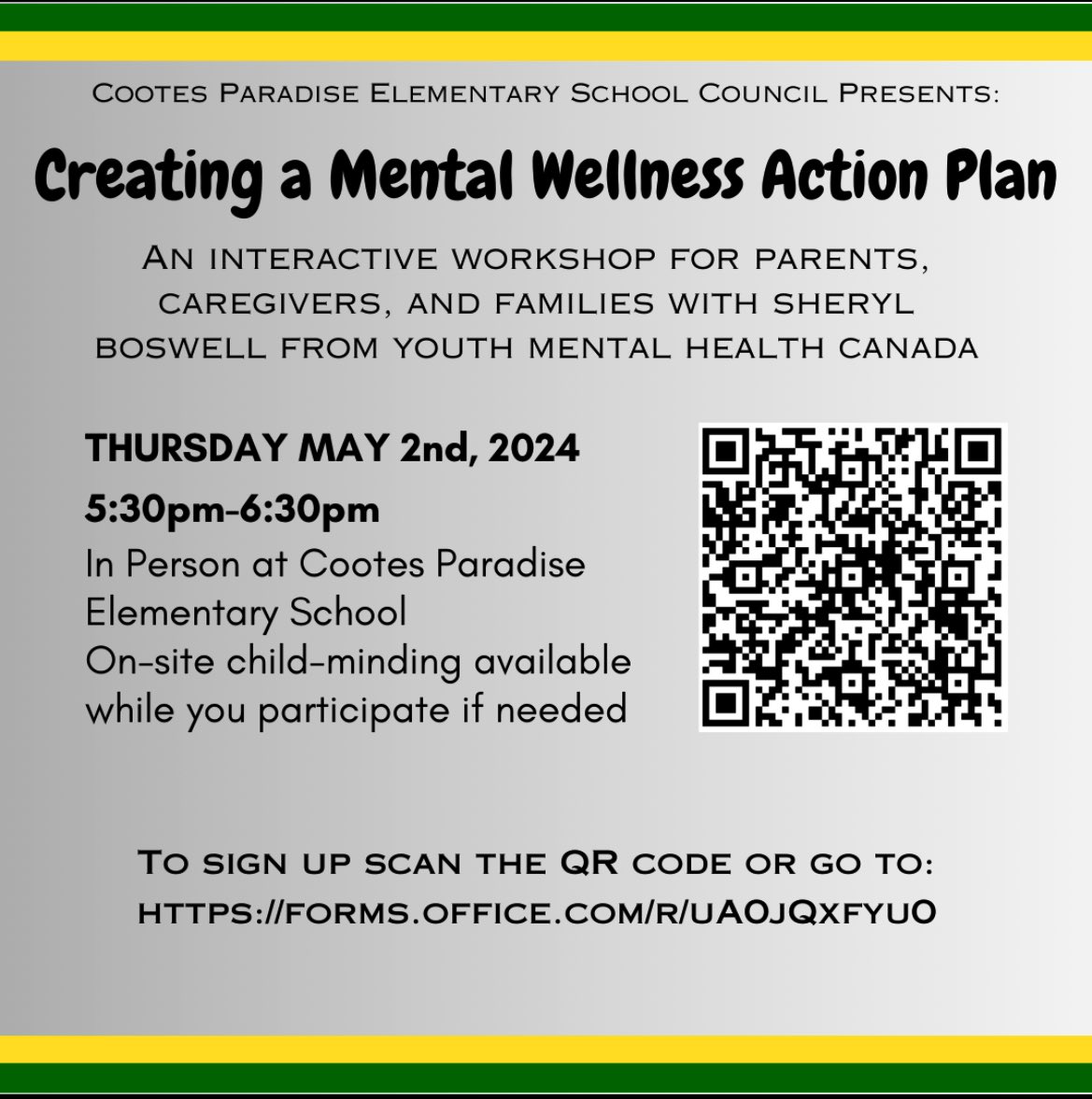 Join us for an empowering 'Creating a Mental Wellness Action Plan Workshop' in the gym! This session is hosted by the School Council and is for parents, caregivers, and families. Spots are limited, so sign up ASAP! #MentalWellness #FamilyWorkshop #SchoolCouncil #SignUpNow