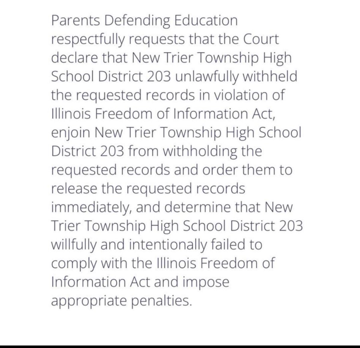 “@DefendingEd (PDE), a nationwide membership organization whose members oppose political indoctrination in America's schools, filed a complaint in the Circuit Court of Cook County, Illinois against @NewTrier203 High School District for unlawfully withholding records of the