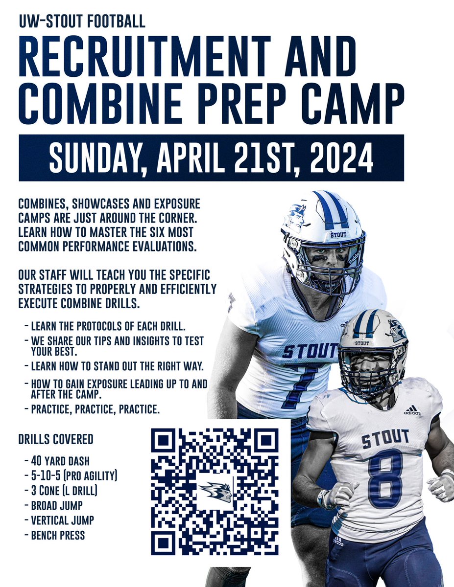 ‼️ 4 DAYS ‼️ High school prospects wanting to learn how to dominate in camps this summer need to be here. Sign up in the link below 👇 football.uwstoutsportscamps.com/combine-prep-c…