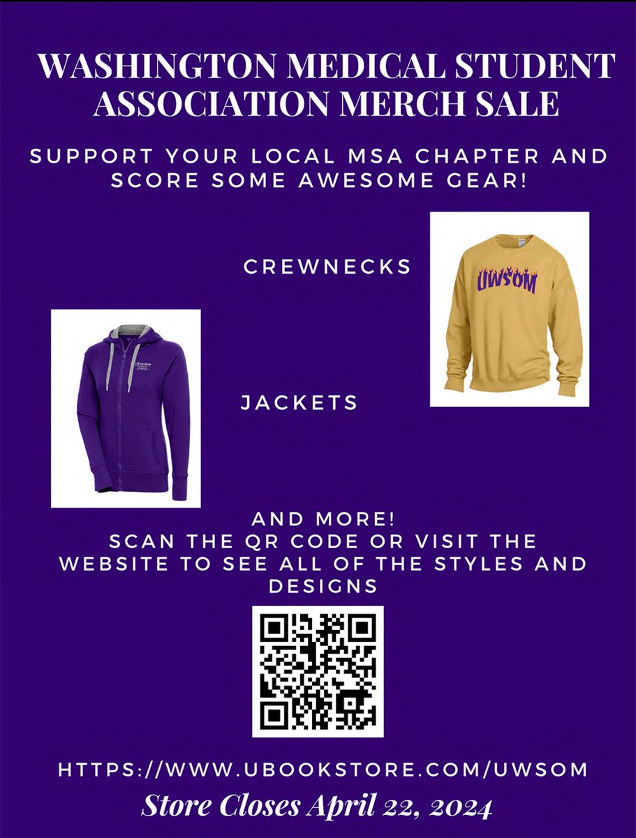 Want to support the University of Washington Medical Student Association? The UW MSA’s 2024 merch is available until April 22! You can check out the 2024 student designs and place orders here: ubookstore.com/uwsom
