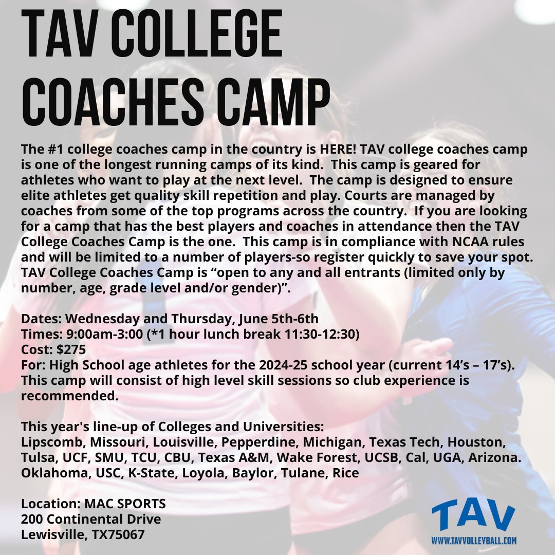 TAVVolleyball's tweet photo. The #TAVCCC registration link is live!! Make sure you register before we fill up! #GoTAV https://t.co/jym1isLyXc https://t.co/B1nDSQsyRu