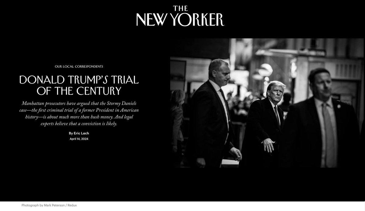 Photo by Mark Peterson/Redux of Donald Trump on the day of his bond hearing in NYC, on The New Yorker - April 14, 2024. @petersonpixs @NewYorker